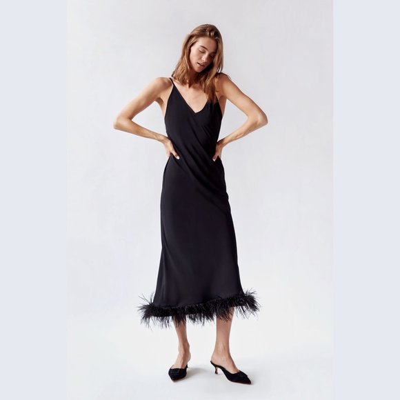 Sleeper Dresses & Skirts - SLEEPER Black Slip Dress w/Feather Trim